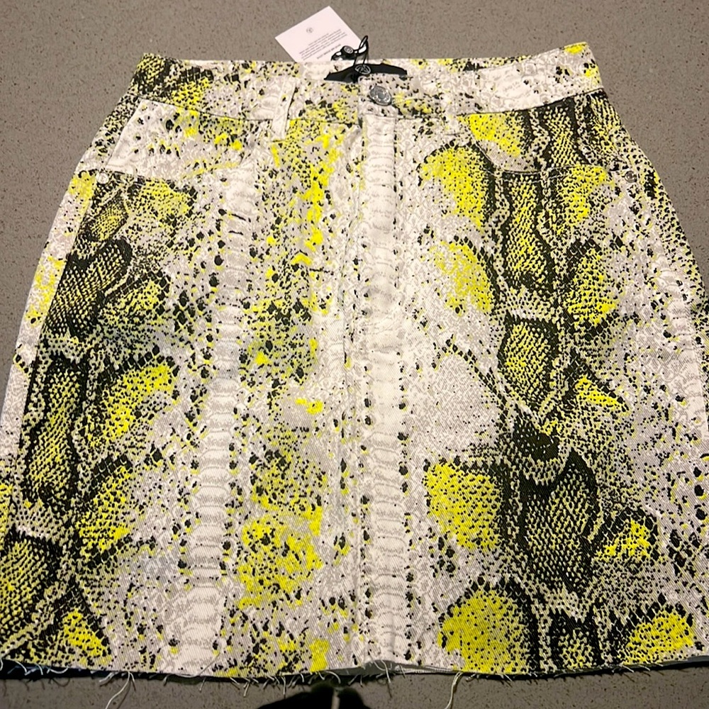 Green and White Snakeakin Denim Skirt